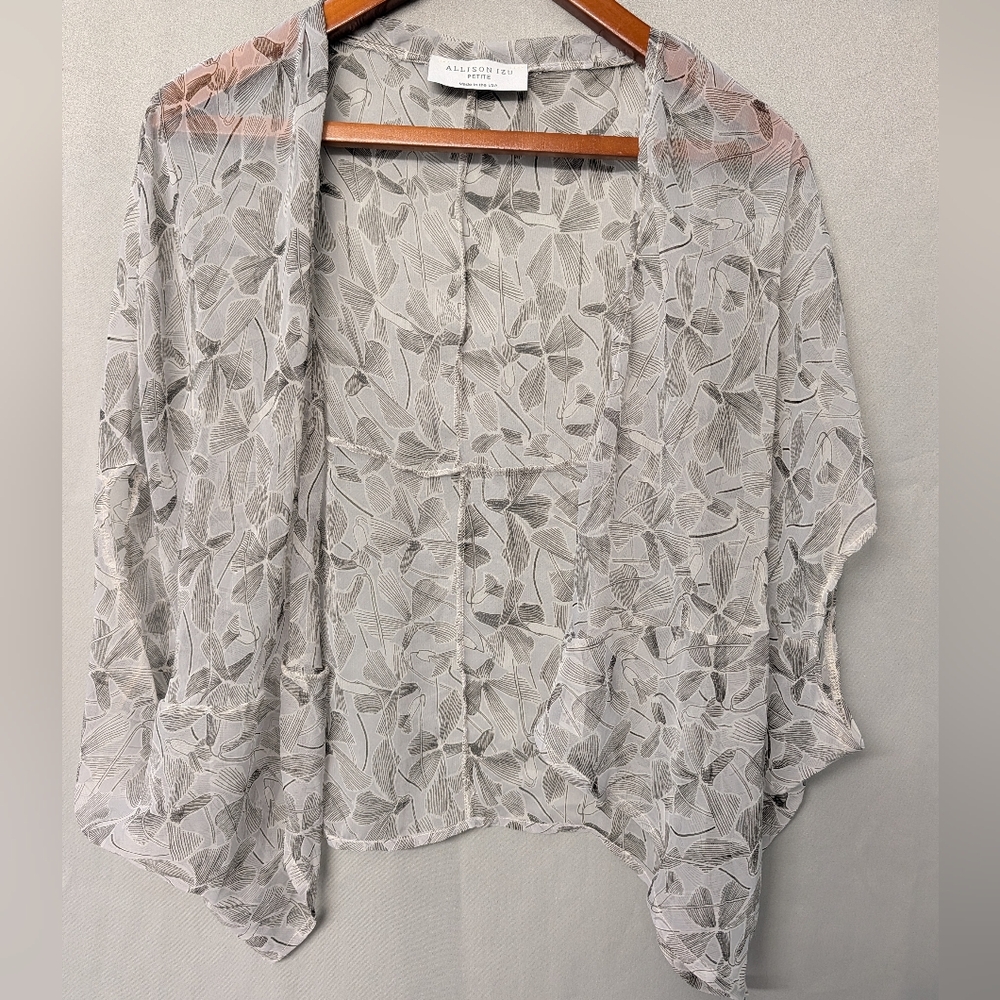 Allison Izu Sheer Leaf-Print Open Kimono in White and Light Gray